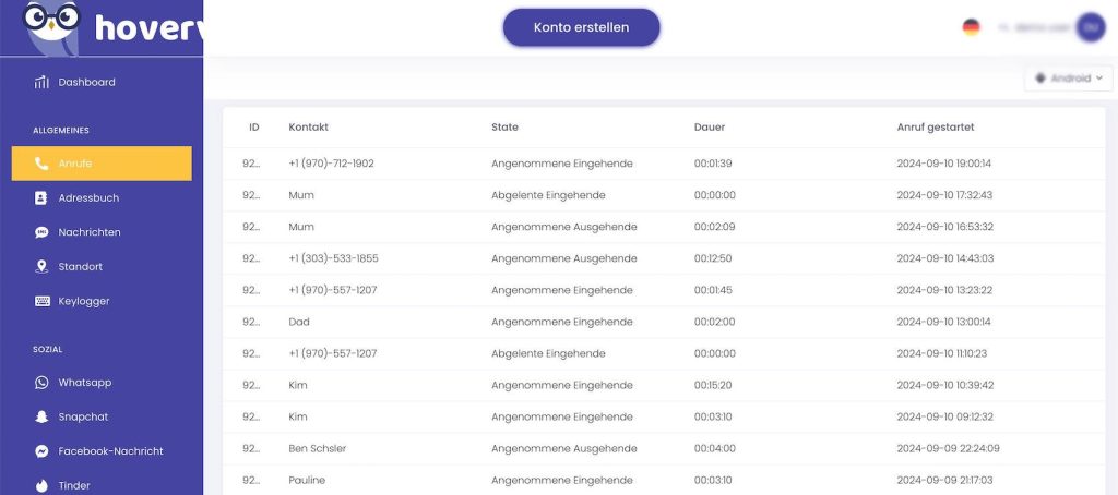 Hoverwatch Anrufaufzeichnung Dashboard